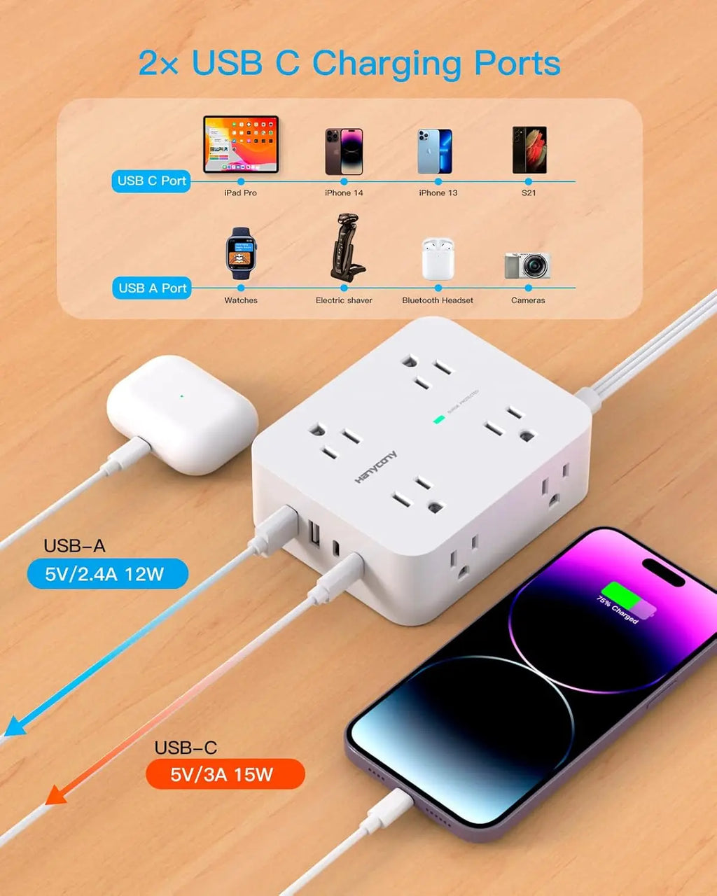 8-Outlet Surge Protector with 4 USB Ports & Flat Plug
