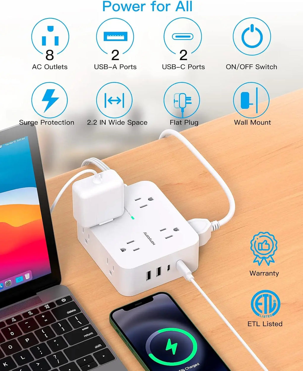 8-Outlet Surge Protector with 4 USB Ports & Flat Plug