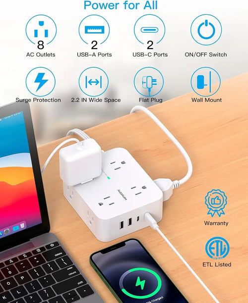 8-Outlet Surge Protector with 4 USB Ports & Flat Plug
