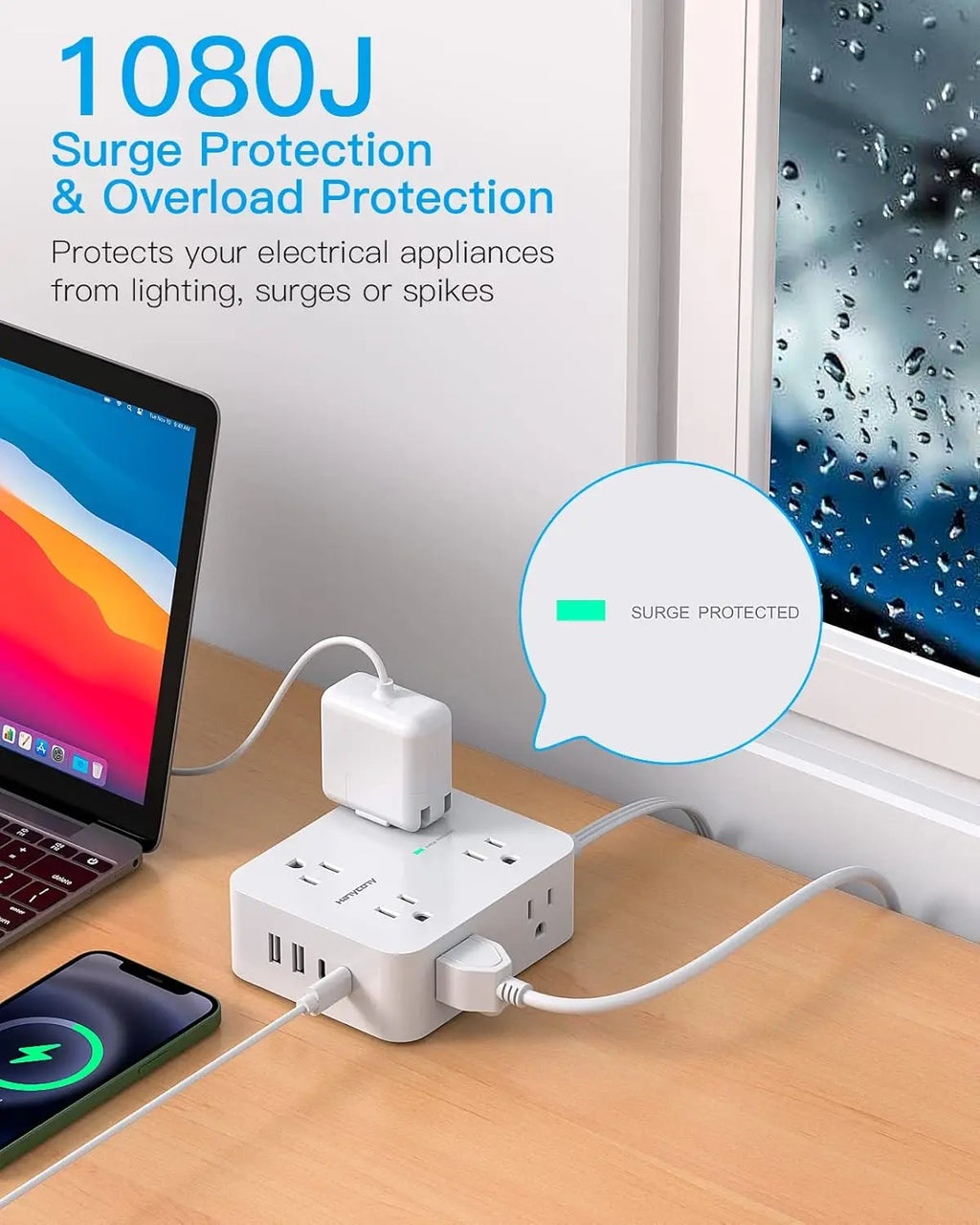 8-Outlet Surge Protector with 4 USB Ports & Flat Plug